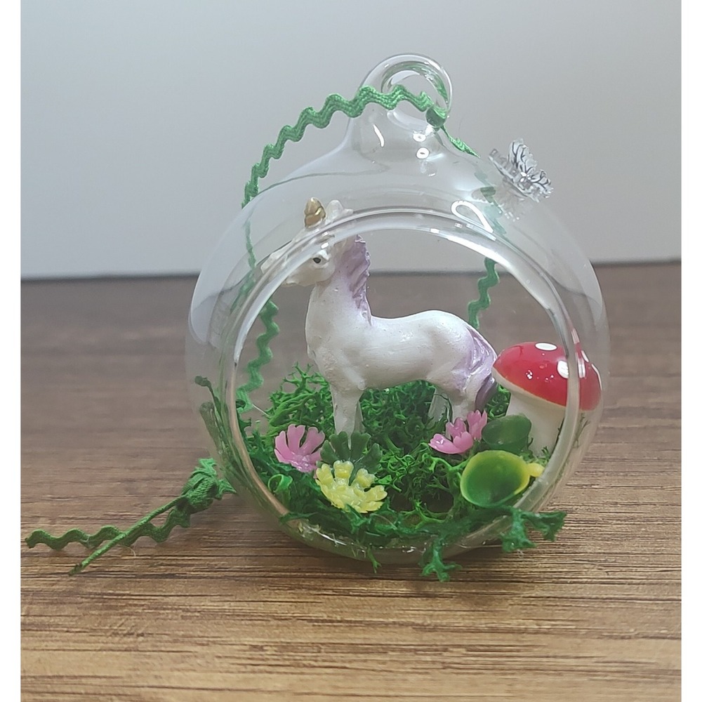Handmade Glass Diorama Christmas Ornament Terrarium Fairy Garden Unicorn Flower